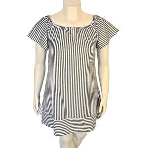 Love Chesley Sun Dress Size S Gathered Keyhole Neck Grey White Garbardine Stripe